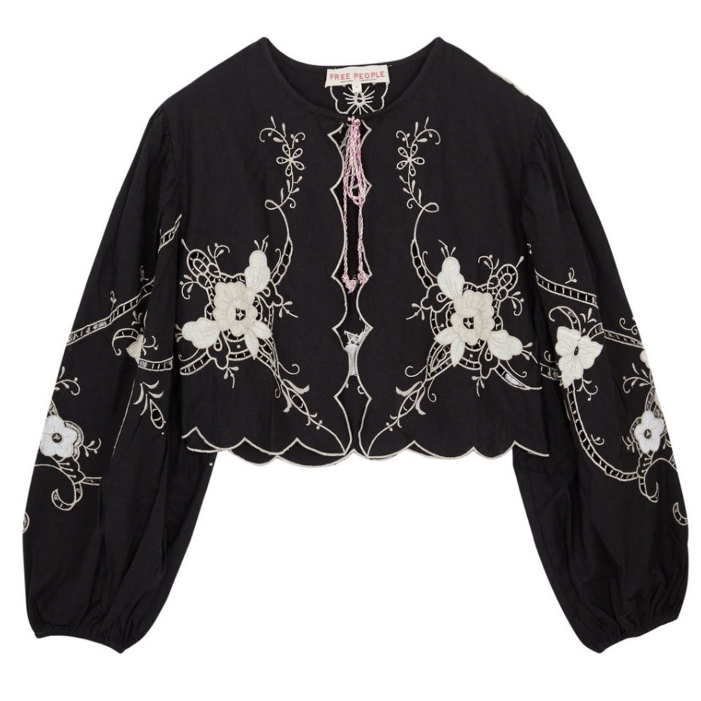 Free People Black and White Embroidered Cape